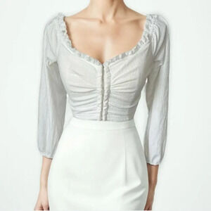 Paper moon white cropped smocked long sleeve blouse